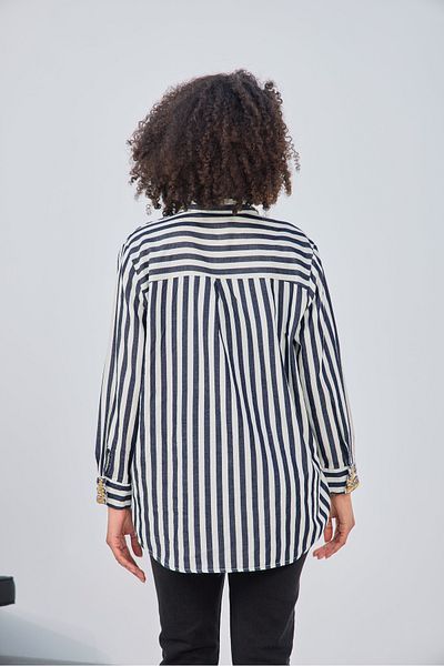 MİA NOURA Cămașă din denim cu dungi pentru femei, cu guler și manșete, brodate manual cu pietre