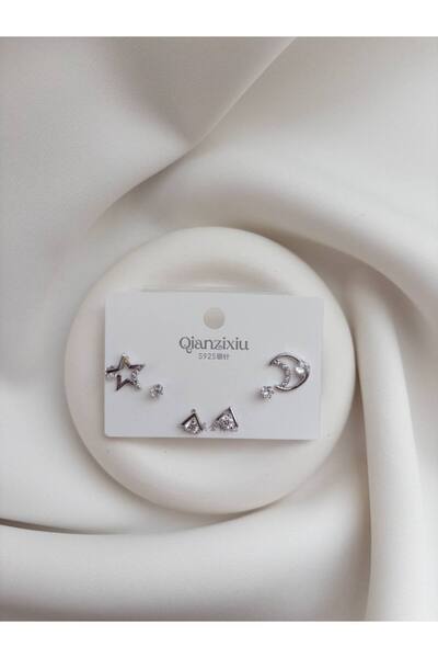 Minne Jewelry-Accessory Gümüş Renk Üçlü Küpe - Ay Yıldızlı Üçlü Küpe - Gümüş Renk Üçlü Küpe