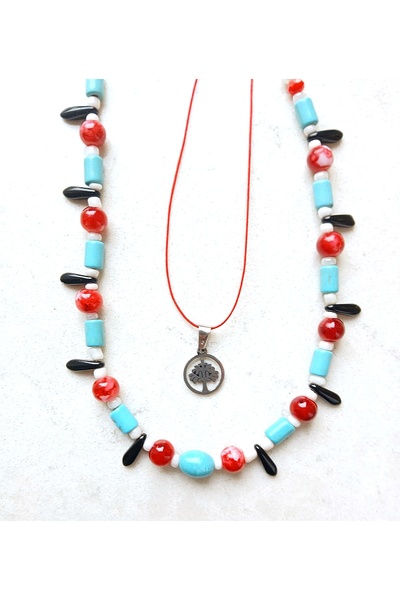 TREND Turquoise Stone Stainless Steel Tree Figured Design Necklace - Red String Luck Necklace