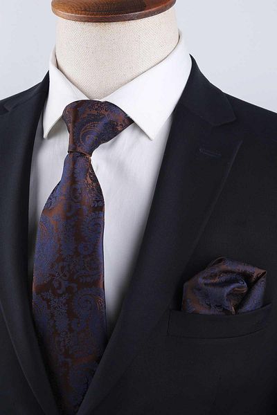 Kravatkolik Classic Tie with Brown Paisley Pattern Handkerchief Kk13121