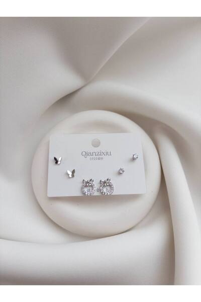 Minne Jewelry-Accessory Çiçekli Kelebekli Üçlü Küpe - Gümüş Renk Üçlü Küpe - Çiçekli Kelebekli Üçlü Küpe