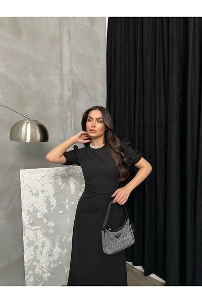 maf collection Γυναικείο βραδινό φόρεμα μαύρο καρπούζι με μανίκια κρεπ ύφασμα Maxi μήκους
