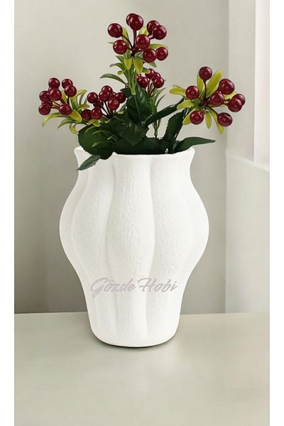 gözde hobi Gözdehobi Stoneware Handmade Artificial Flower Vase White Gift