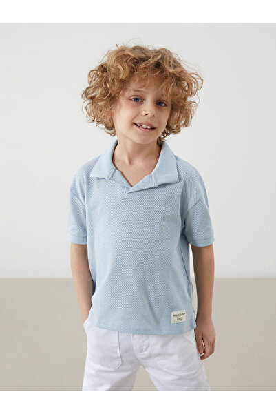 LC Waikiki Blue Resort Collar Combed Cotton Boy's T-Shirt
