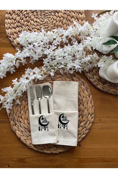 CESTOPİENO 6-панельна серветка з сирого льону з вишитим написом «Хай буде благословенний Рамадан» / Серветка для сервірування столу