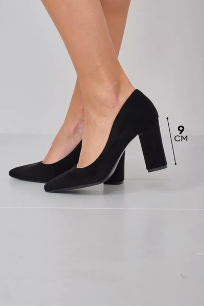 TrendyAnka Kadın Siyah Süet Asimetrik 9cm Kalın Kare Topuklu Stiletto Klasik ...