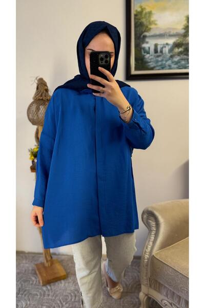 Nuss 3001 Gömlek Saks Renk Çilek Kumaş Yazlık Oversize Gömlek