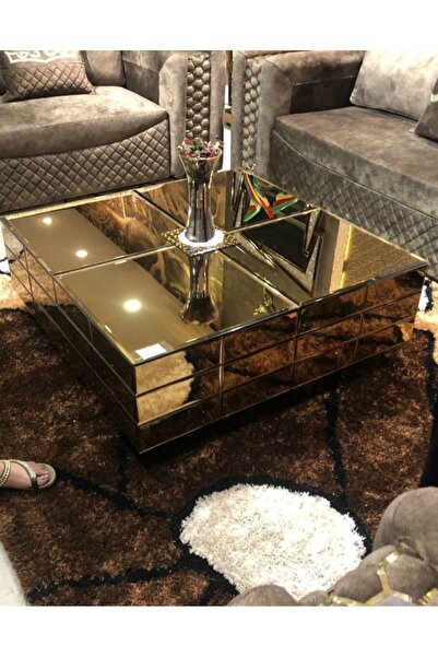 LUXURY VİLLA Gold Aynalı Tekerlekli Orta Sehpa 90x90 Yükseklik 32cm