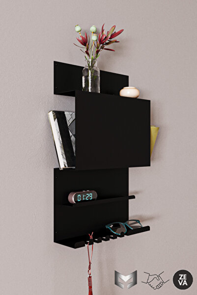 YİĞİT METAL Duvara Monte Metal Dekoratif Raf & Askılık Siyah - Kitap, Anahtar...