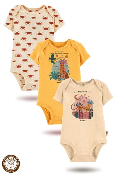 MAHFEL 100% Cotton 3-Piece Organic Printed Short-Sleeved Baby Bodysuit with Snap Fasteners