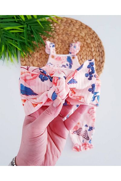 Jammybaby Fiore Floral Print Sling Summer Camisole 100% Cotton Baby Girl Romper and Bandana Set-Pudra