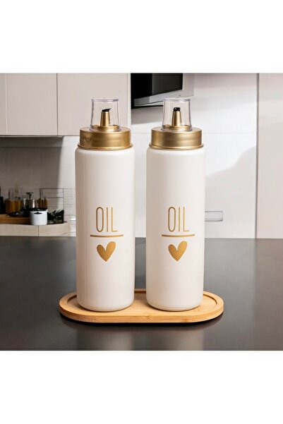 Pembelia Life Bambu Standlı 2’li Damlatmaz Kapaklı Cam 550 ml Oil Yağdanlık Y...