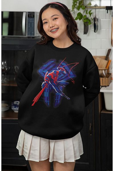 Fuddy Moda Unisex Oversize Blue 2099 Spider Logo Printed Hoodless Crew Neck Sweatshirt