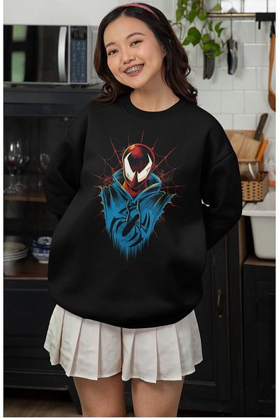 Fuddy Moda Unisex Oversize Spider Verse Printed Hoodless Crew Neck Sweatshirt