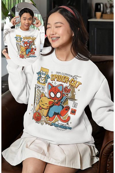 Fuddy Moda Φούτερ Unisex Oversize Spider Cat με στάμπα Biker χωρίς κουκούλα