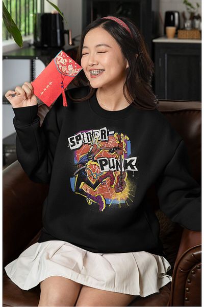 Fuddy Moda Unisex Oversize Spider Punk Printed Hoodless Crew Neck Sweatshirt