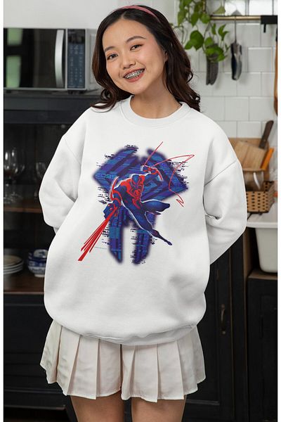 Fuddy Moda Unisex Oversize Blue 2099 Spider Logo Printed Hoodless Crew Neck Sweatshirt
