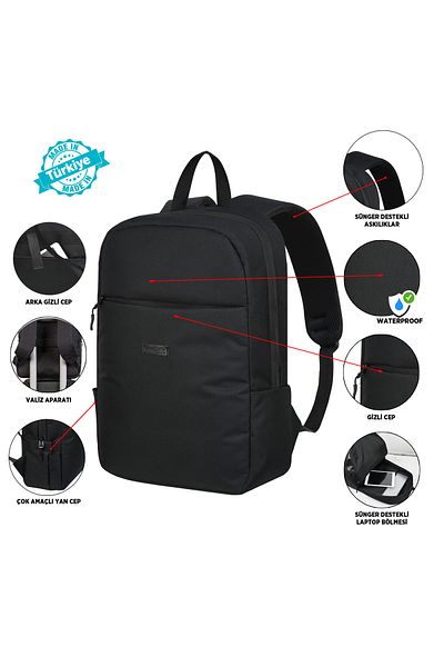 Roxy Black Waterproof Laptop Backpack - 15.6-16.1-16.9 Inch Compatible, Celil and Sponge Supported