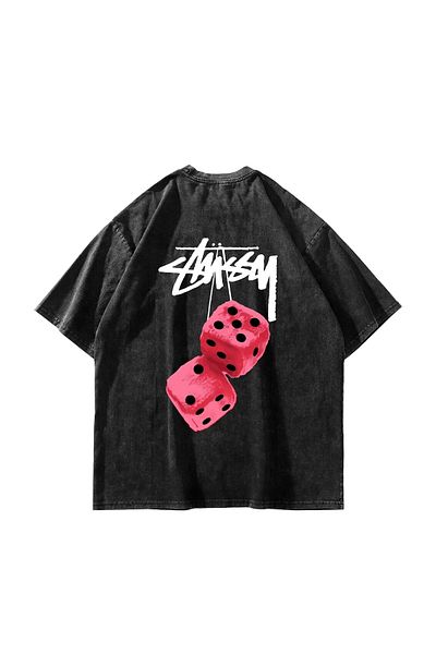 Sekizbiraltı στ. Dice Back Printed Oversize Unisex Washed Μαύρο Tshirt