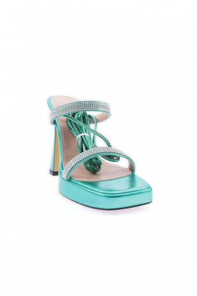 DGN Women's Crystal Stone Banded Ankle Strap Thick Heeled Sandals Green Metallic 46933382