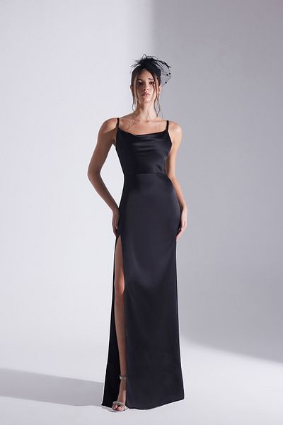 BETTY & SAM Oriana Degaje Collar Strap Black Satin Dress