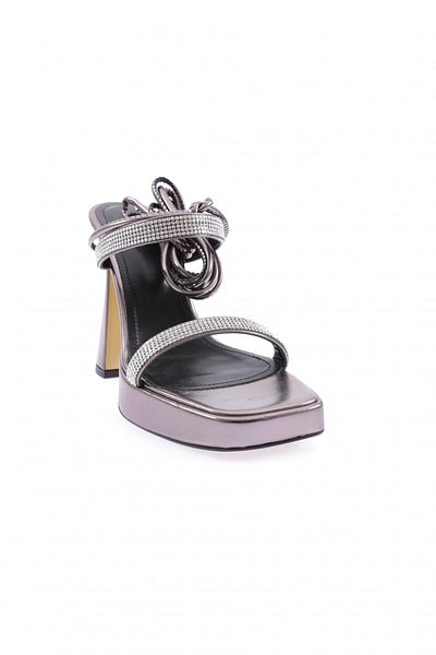 DGN 3582-23y Sandale cu toc gros pentru femei, cu curele la gleznă, cu cristale, metalice platină