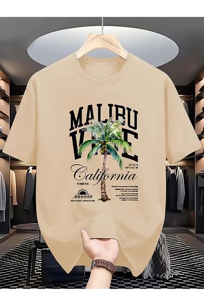 PENTHİLUS Men's Casual Crew Neck T-Shirt Malibu California Palm Tree Printed Lightweight Flexible