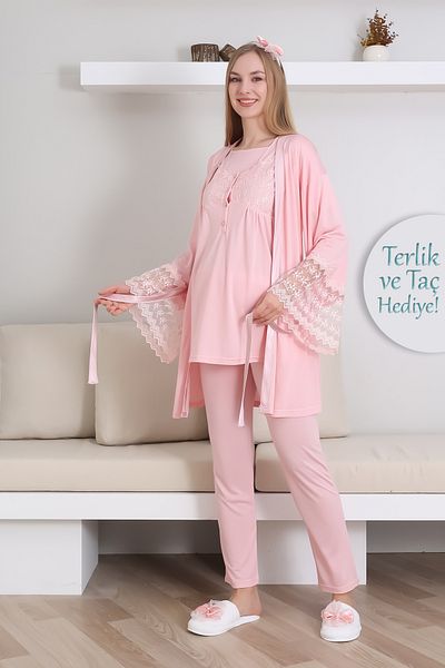 ERDENİZ TEKSTİL Breastfeeding Buttoned Maternity Pajama Set + Maternity Dressing Gown + Slippers and Crown Gift