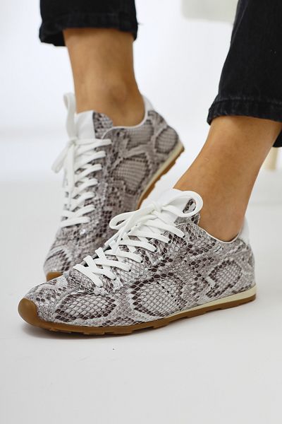 Limoya Genuine Leather Alisa Gray Crocodile Leather Printed Lace up Casual Women's Shoes