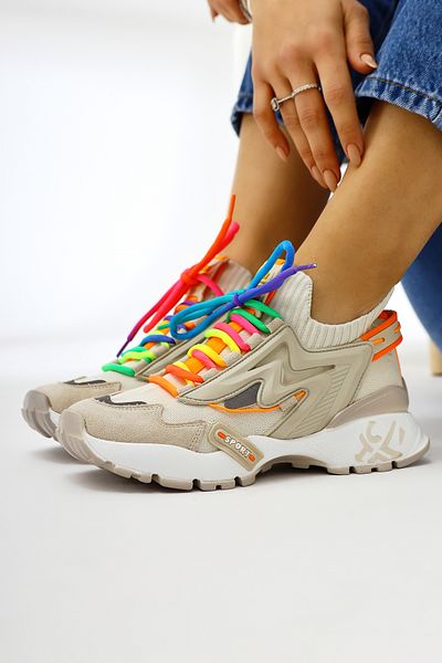 Limoya Anabell Beige Knitwear Suede Detailed Colorful Lace-Up Women's Sneakers