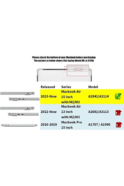 UnDePlus حافظة ابل ماك بوك اير 15 بوصة M2/m3/m4 A3241 A2941 A3114 غطاء خلفي أمامي فضي