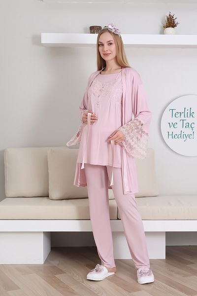 ERDENİZ TEKSTİL Breastfeeding Buttoned Maternity Pajama Set + Maternity Dressing Gown + Slippers and Crown Gift