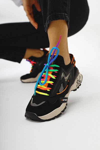 Limoya Anabell Black Knitwear Suede Detailed Colorful Lace-Up Women's Sneakers