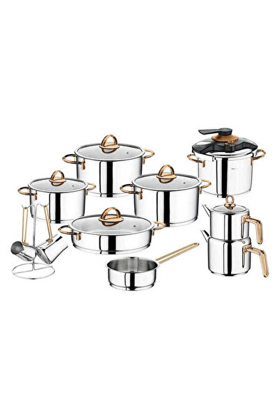 COCİNERO 1087 Gold Cylinder Steel 18 Piece Hyper Set with Handles