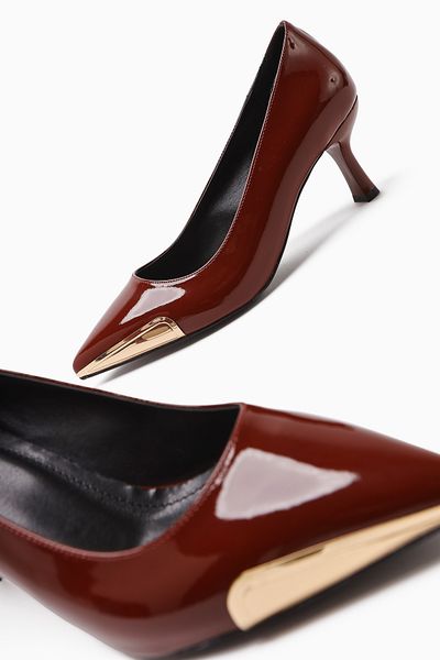Limoya Carlota Burgundy Patent Leather Pointed Toe Metal Detailed Heeled Women's Shoes