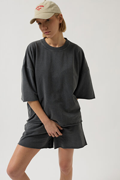 Black Fashion Oversize Lazer Kesim Bisiklet Yaka Antrasit T-Shirt