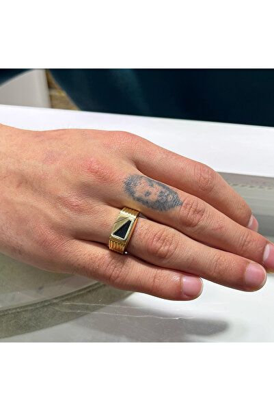 Lilarote Pırlanta Erkek Siyah Çizgili Mineli Altın Yüzük