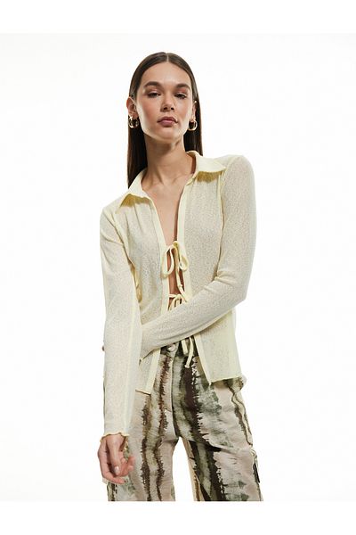 Koton Slim Fit Front Tie Bow Detail Long Sleeve Shirt