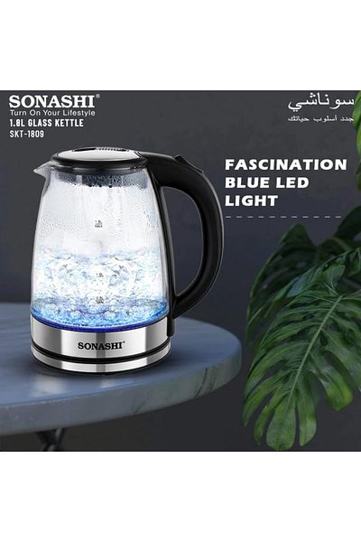 sonashi غلاية زجاجية لاسلكية سعة 1.8 لتر SKT-1809 – غطاء قفل أمان، قاعدة دوارة 360 درجة، إيقاف تشغيل تلقائي