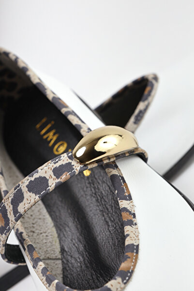 Limoya Genuine Leather Aliana White Buckle Leopard Detailed Women's Ballerinas
