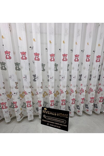 NİVEMESHOME Nivemeshome Este Bear Tulle Curtain, Pink Apm 1/2.5 Pleat Room