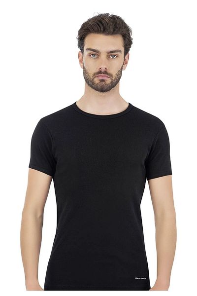 Pierre Cardin 440 Men's Black Ribbed Short Sleeve Round Neck 2-Piece Undershirt