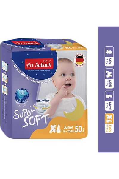 Ace Sabaah Baby Super Dry Diaper, Soft Feel, Size 6, XL Junior 12-15Kg, Natural Comfort, Pack Of 1