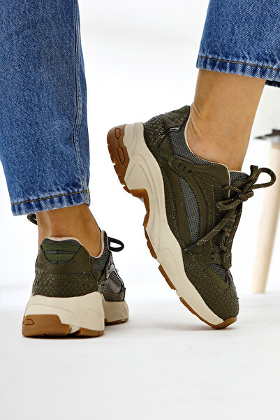 Limoya Caisa Khaki Textile Detailed Lace-Up Women's Sneakers