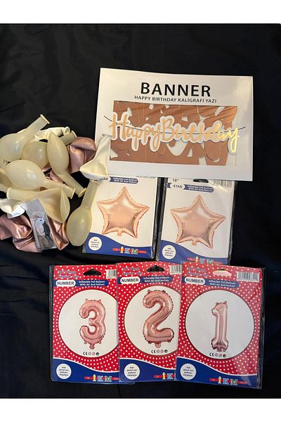 BALON DİYARI Rose Gold 5Th Birthday Celebration Set; White Gold Confetti Balloon, Number Star Foil and Banner