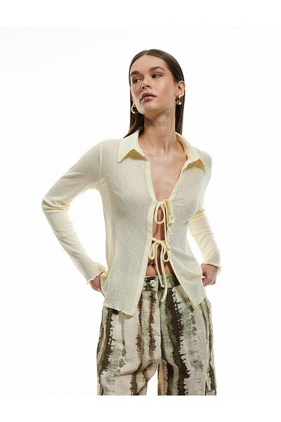 Koton Slim Fit Front Tie Bow Detail Long Sleeve Shirt