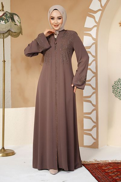 Neva Style Dark Mink Hijab Abaya with Bead Detail 17007Kv