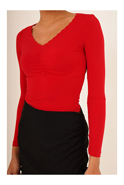 Cotton Mood 23254224 Sandy Collar Zigzag Embroidered Long Sleeve Blouse RED