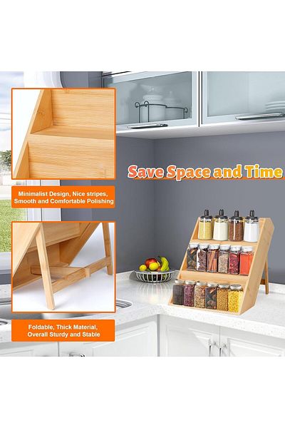 COOYA Bamboo Spice Rack for Kitchen, Foldable 3-Tier Spice Shelf, Space Saving
