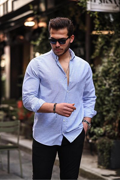 Valiberta Blue Cotton Shirt - Upright Stripe Striped and Flamed